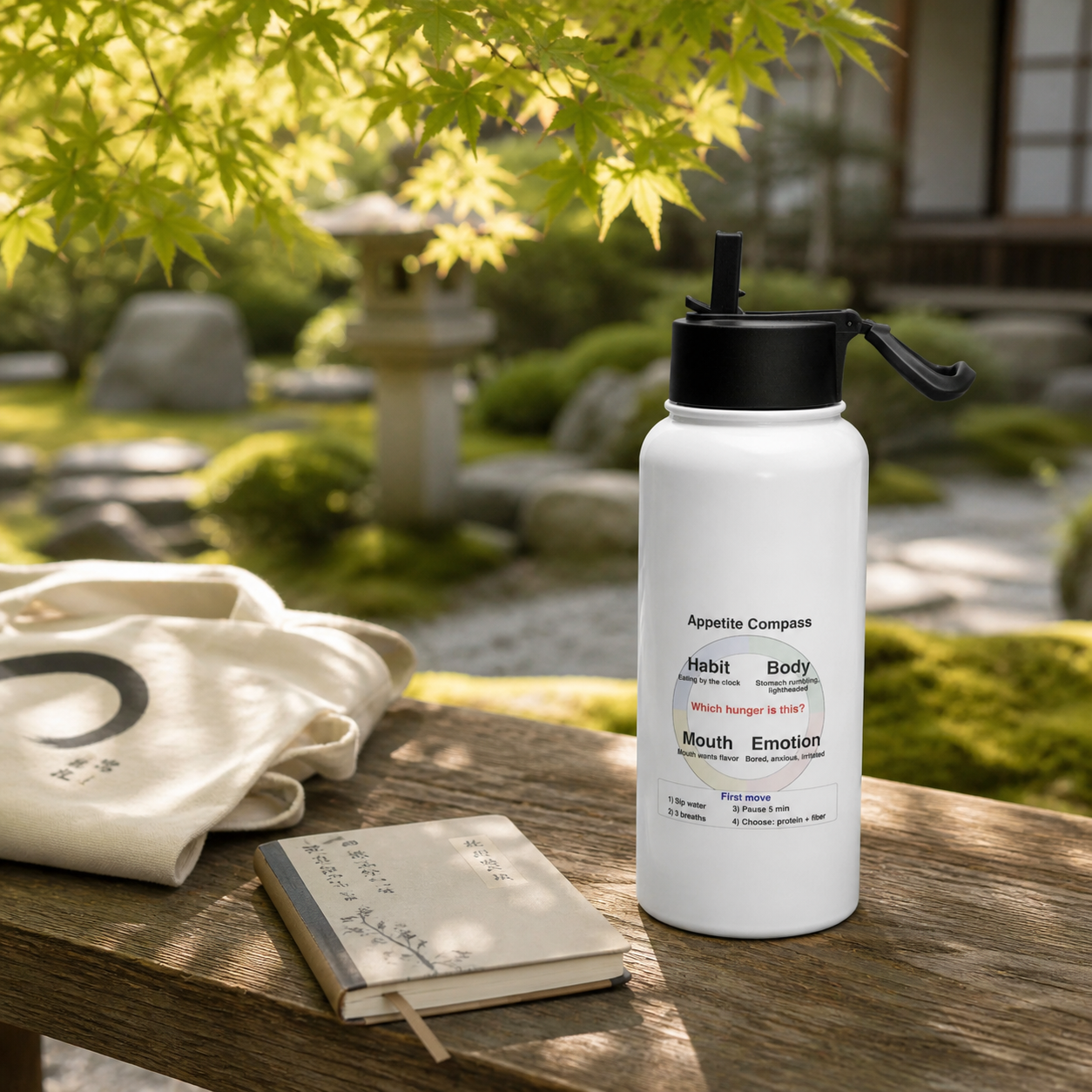 Appetite Compass Water Bottle | Mindful Hydration Reminder | Stainless Steel with Straw Lid | EQ Coach Designed
