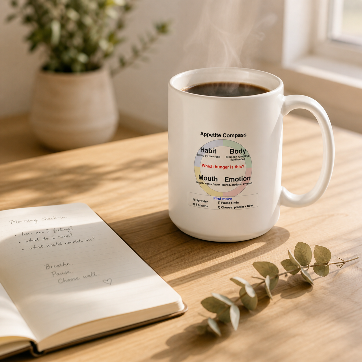 Appetite Compass Mug | Mindful Eating Reminder | Ceramic Coffee Cup with Hunger Types Illustration | EQ Coach Designed